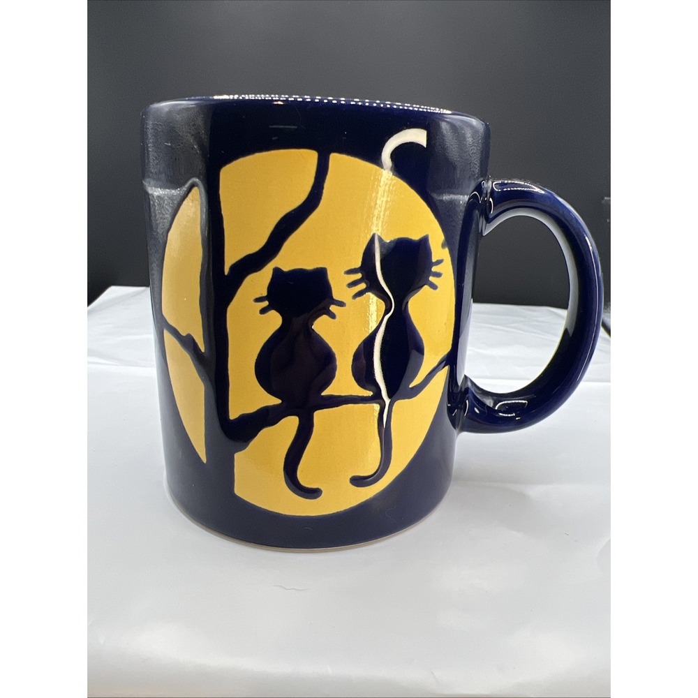 VTG Waechtersbach Spain Coffee Mug Cats in a Tree Blue Yellow Embossed Ceramic